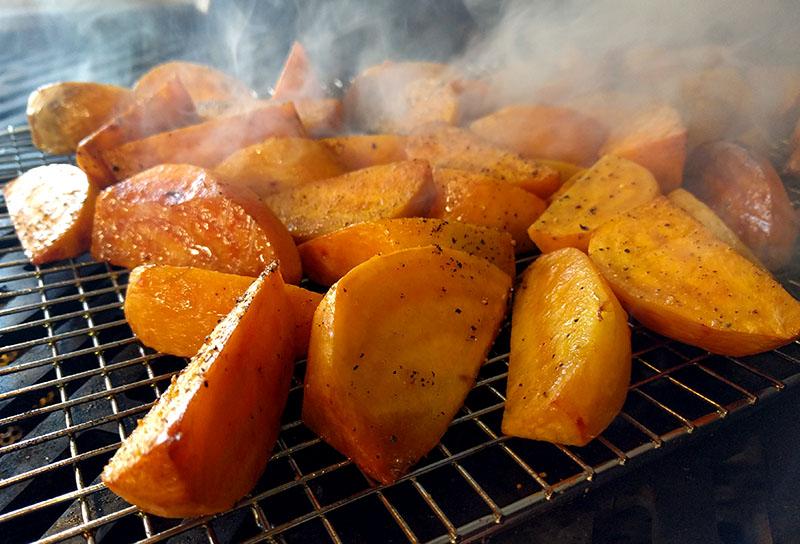 Golden beets smoke roasting on the Hybrid Grill