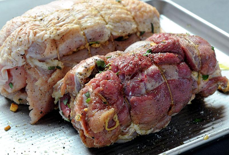 Rolled, stuffed turkey breast and thighs