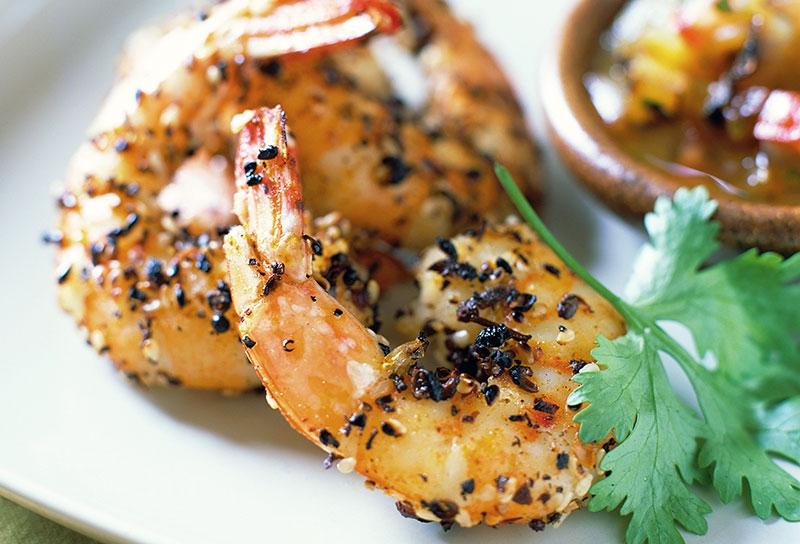 Szechwan Shrimp with Grilled Mango Chutney