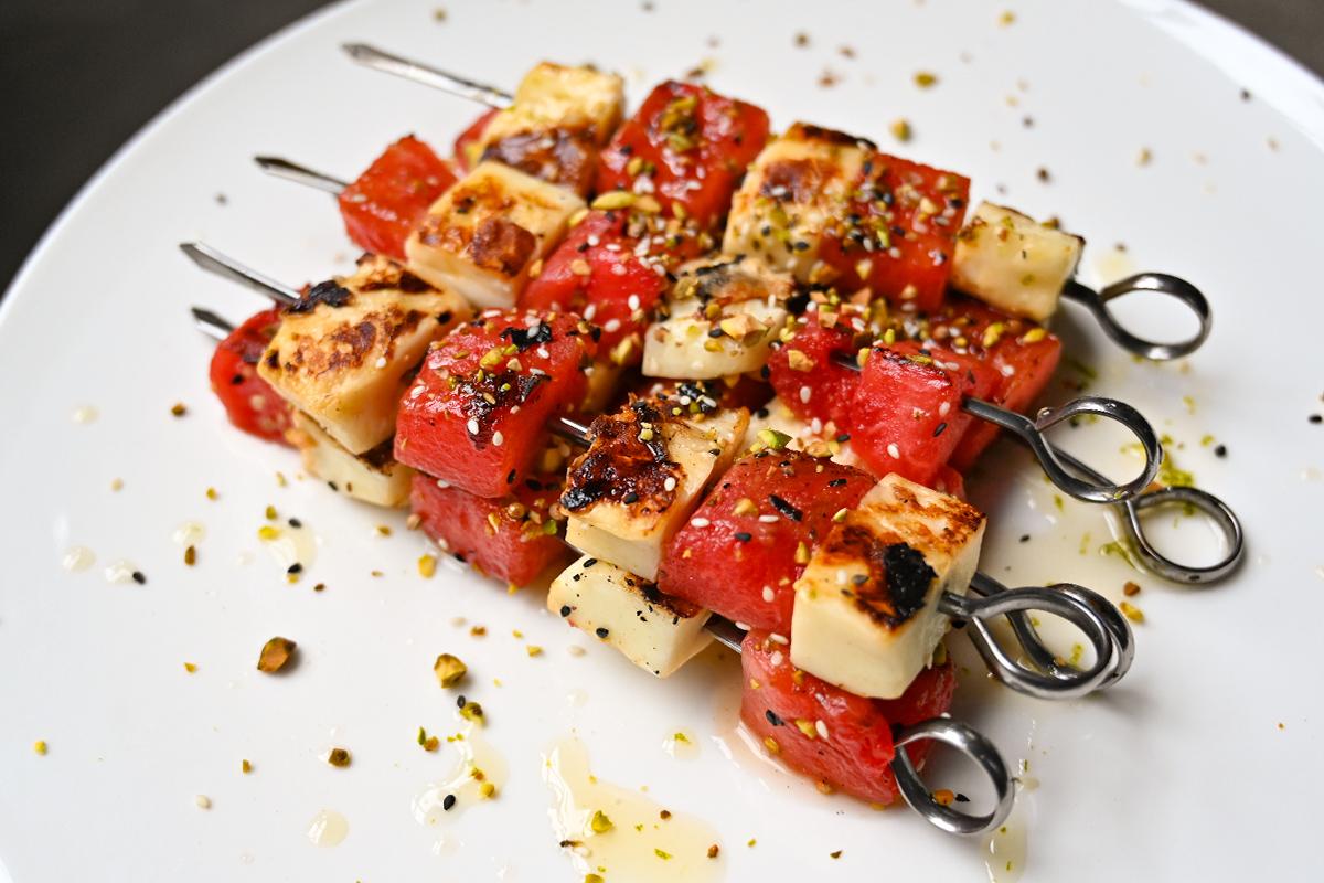 Image of Grilled Halloumi & Watermelon Skewers with Lime Basil Dressing & Pistachio Dukkah