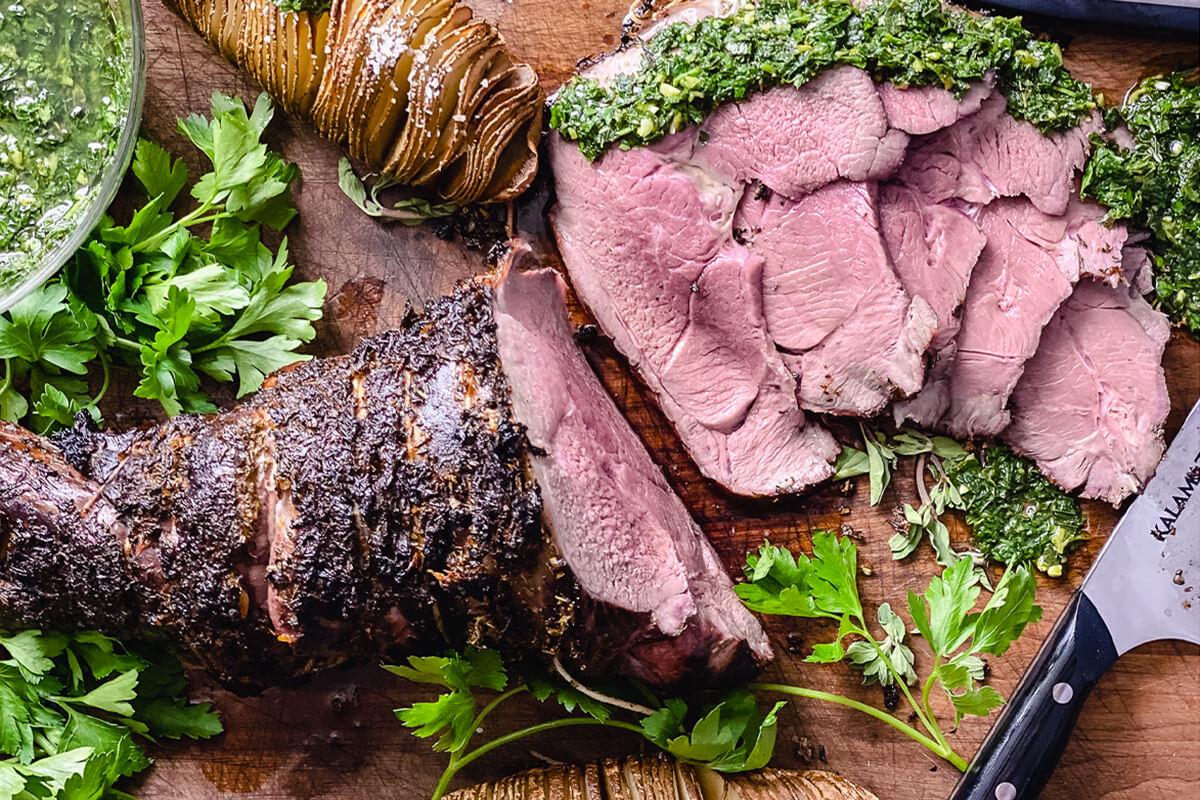 Image of Smoke-Roasted Leg of Lamb with Gremolata Sauce