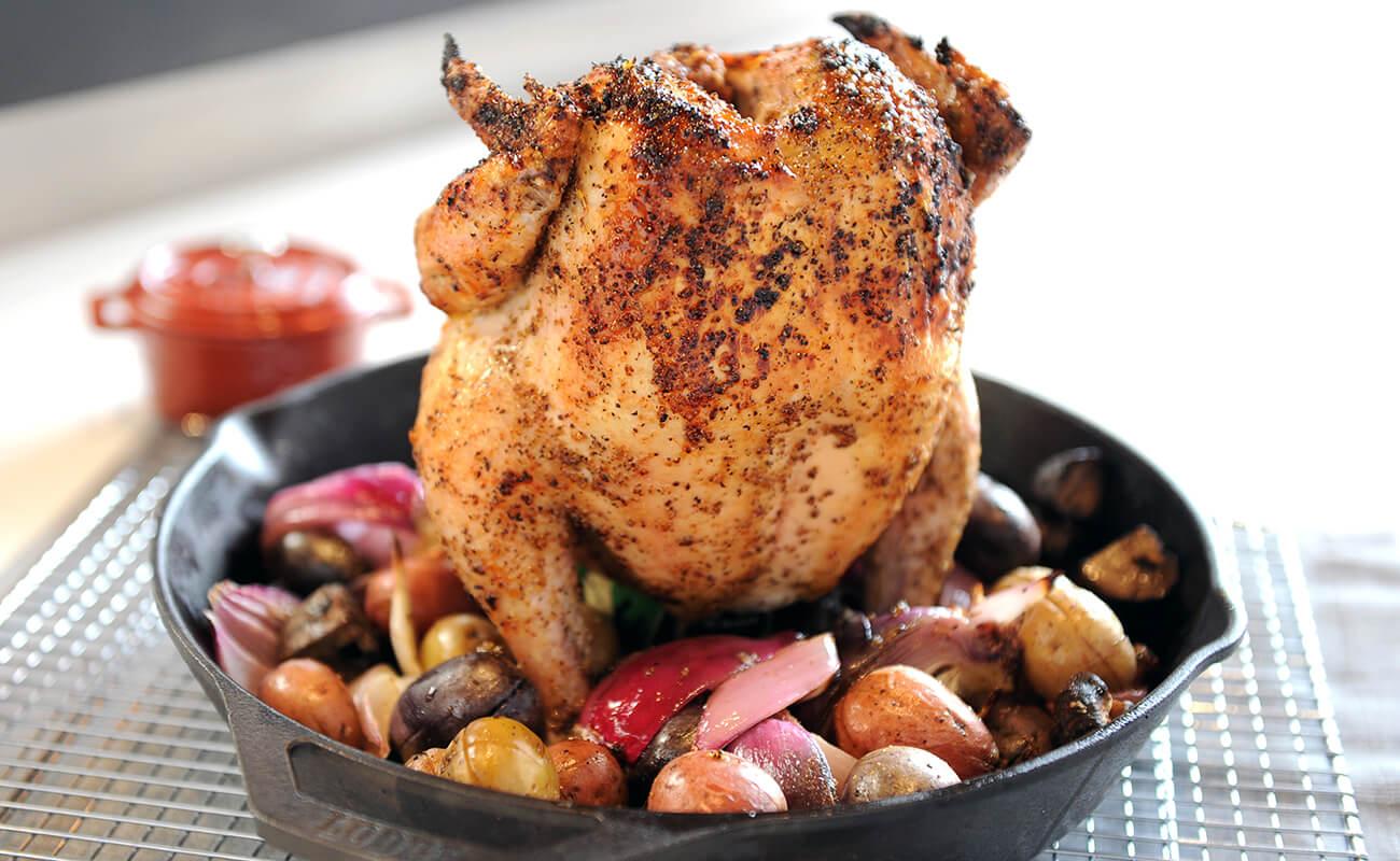 Image of Beer Can Chicken with Mushrooms, Potatoes and Onions