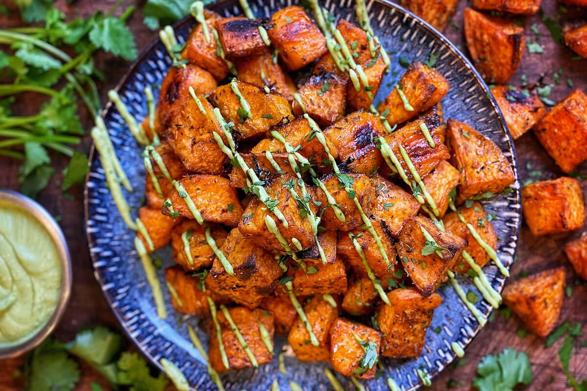 Image of Spicy Roasted Sweet Potatoes with Avocado & Cilantro Cream