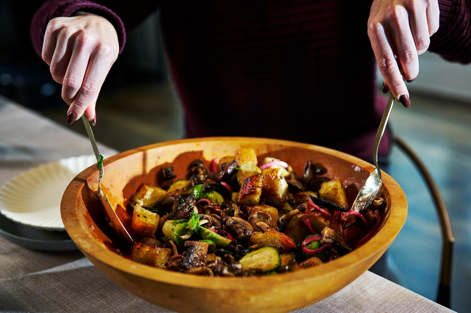 Image of Wild Mushroom and Brussels Sprout Panzanella with Aged Sherry Vinaigrette