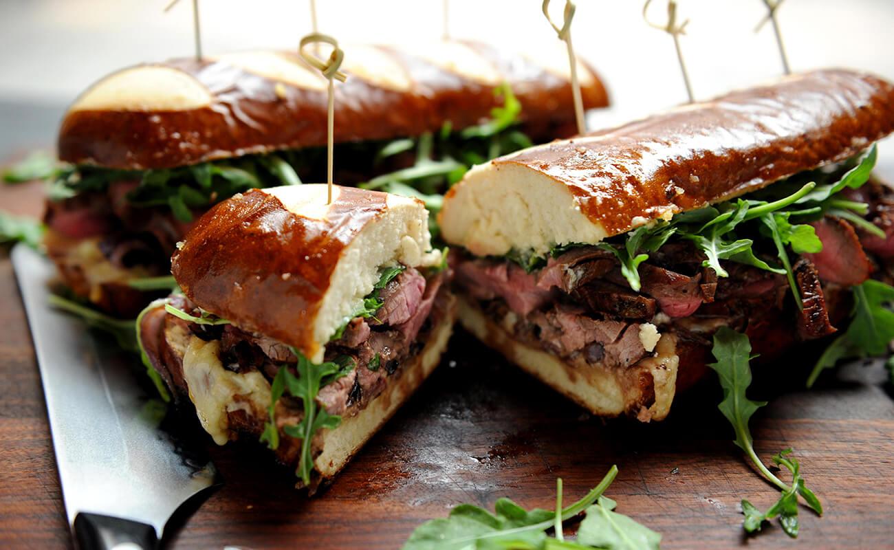 Image of Bourbon-marinated Flank Steak Hoagies with Horseradish Aioli