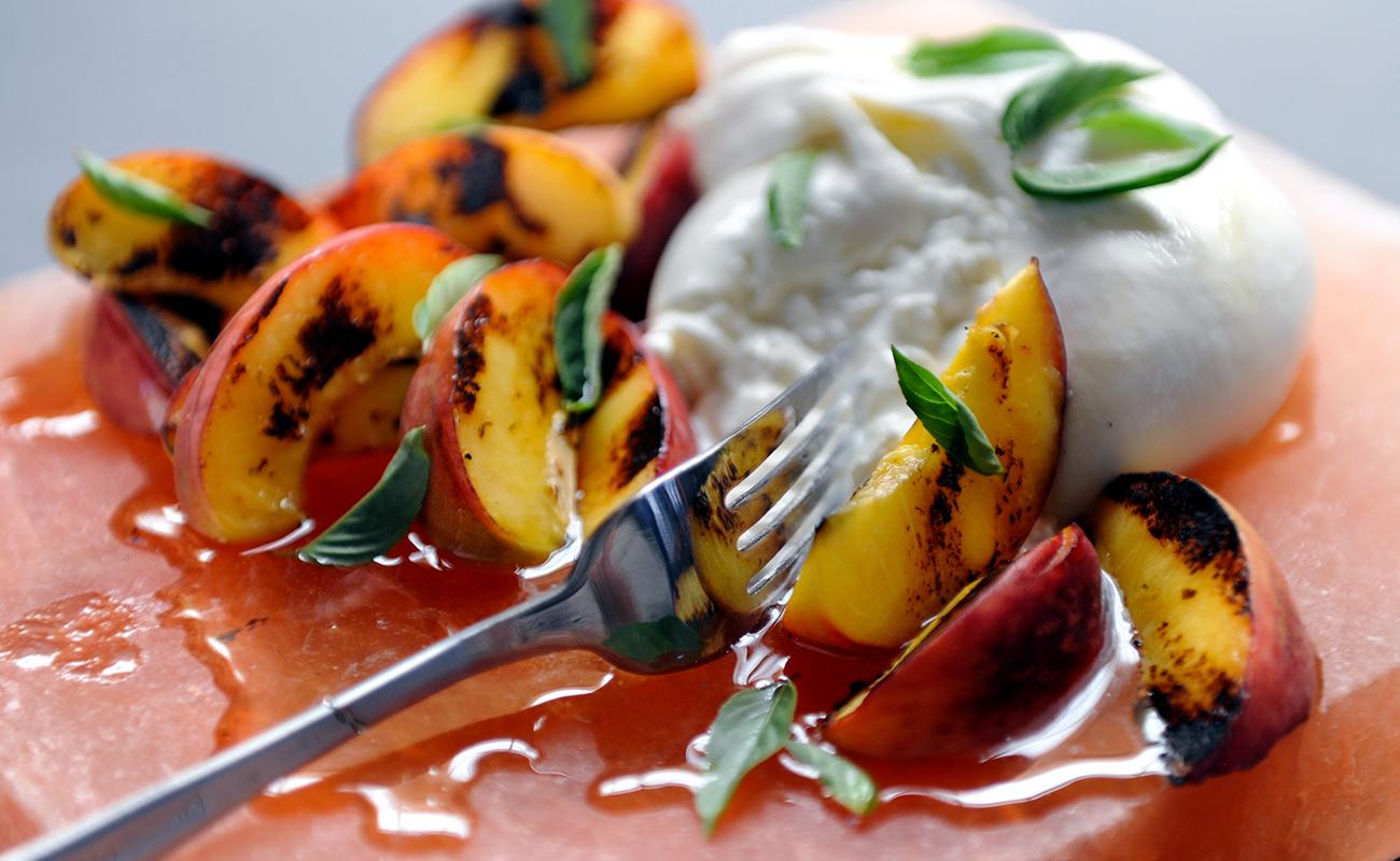 Grilled Peaches with Burrata, Thai Basil and Chile-Infused Honey