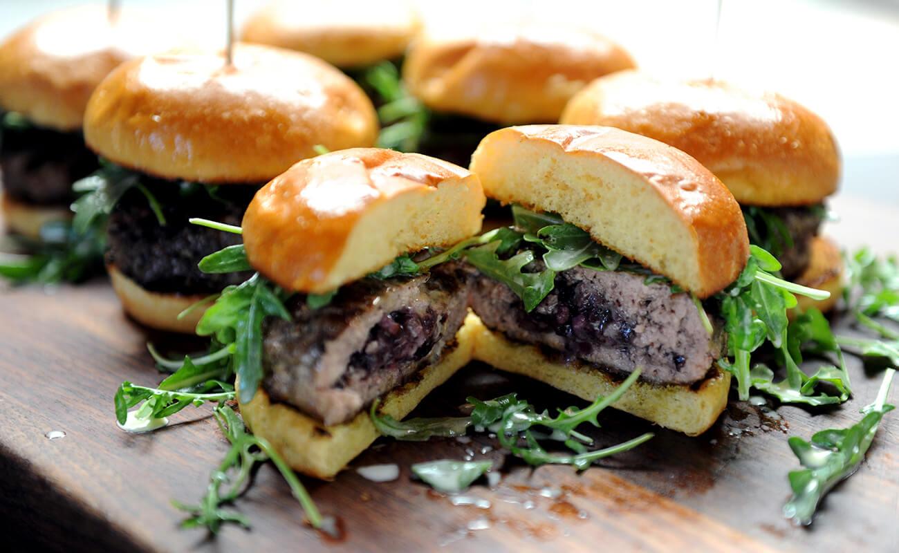 Image of Stuffed Pork Burgers with Blueberry Bacon Compote