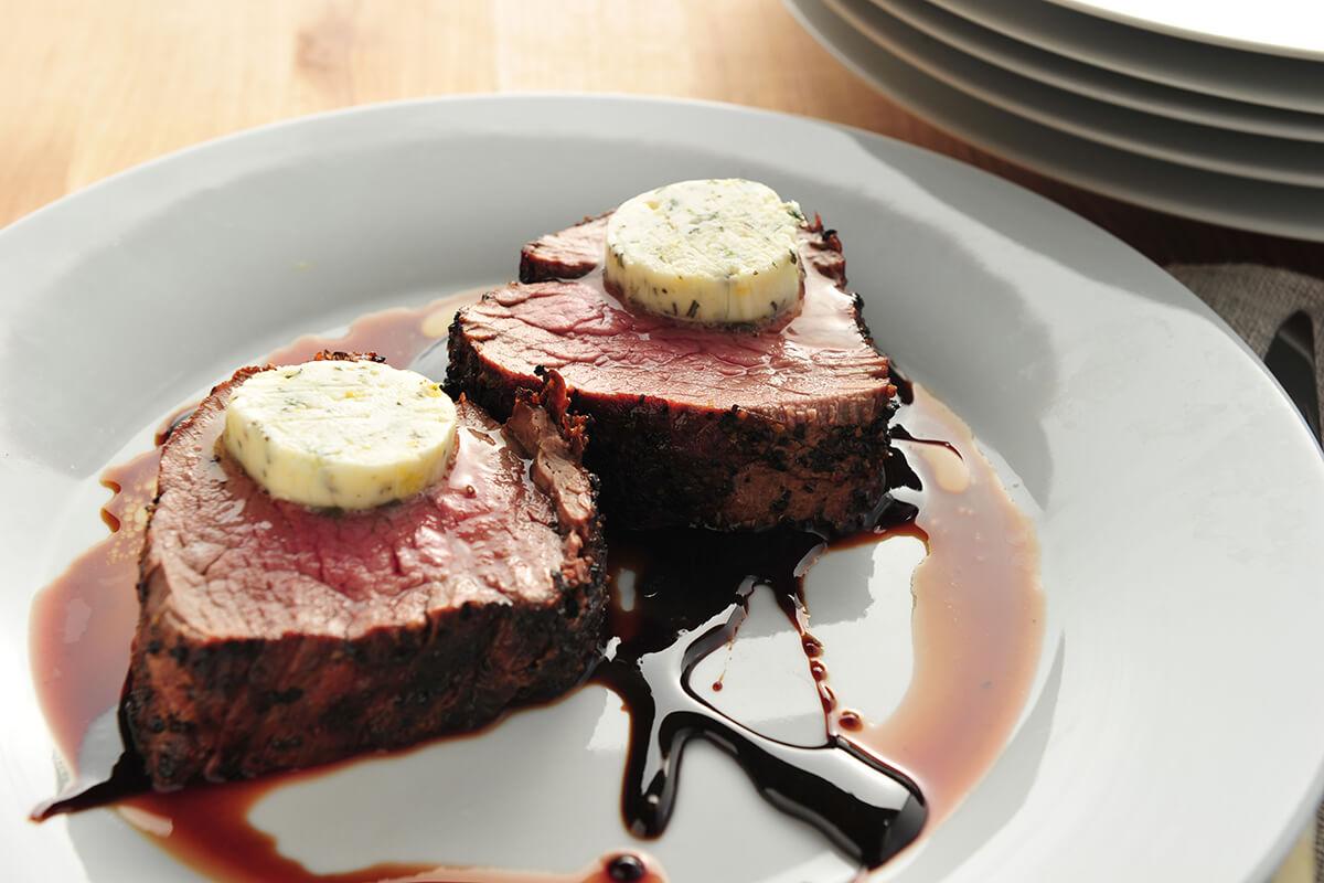 Image of Beef Tenderloin Roast with Zinfandel Reduction and Herbed Butter