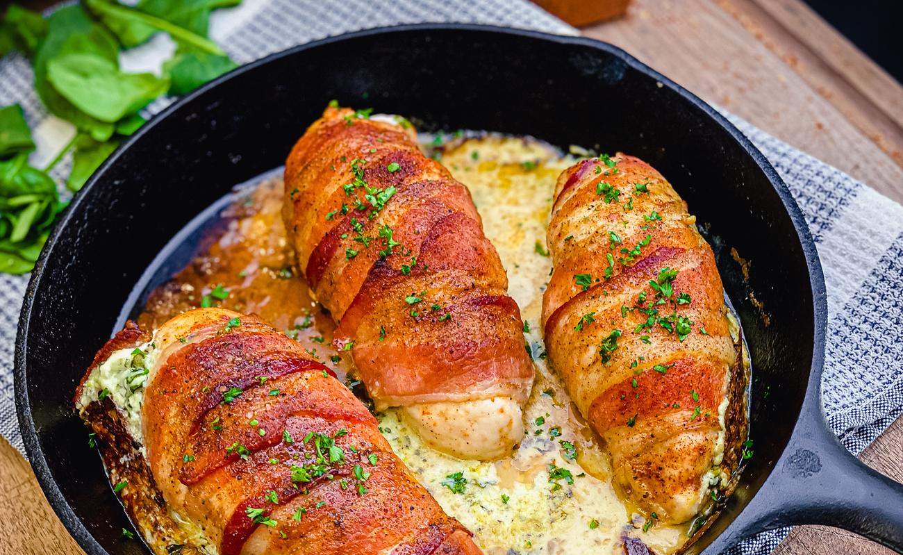 Image of Bacon-Wrapped Stuffed Chicken Breast with Pan Sauce