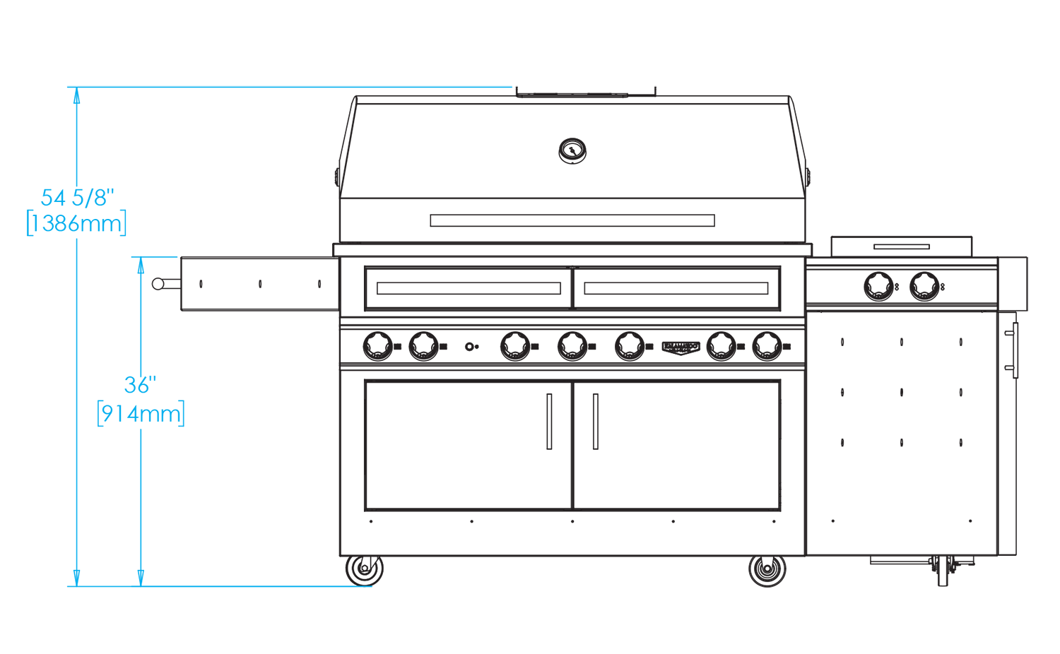 K1000HS Freestanding Hybrid Fire Grill with Side Burner Dimensions Image