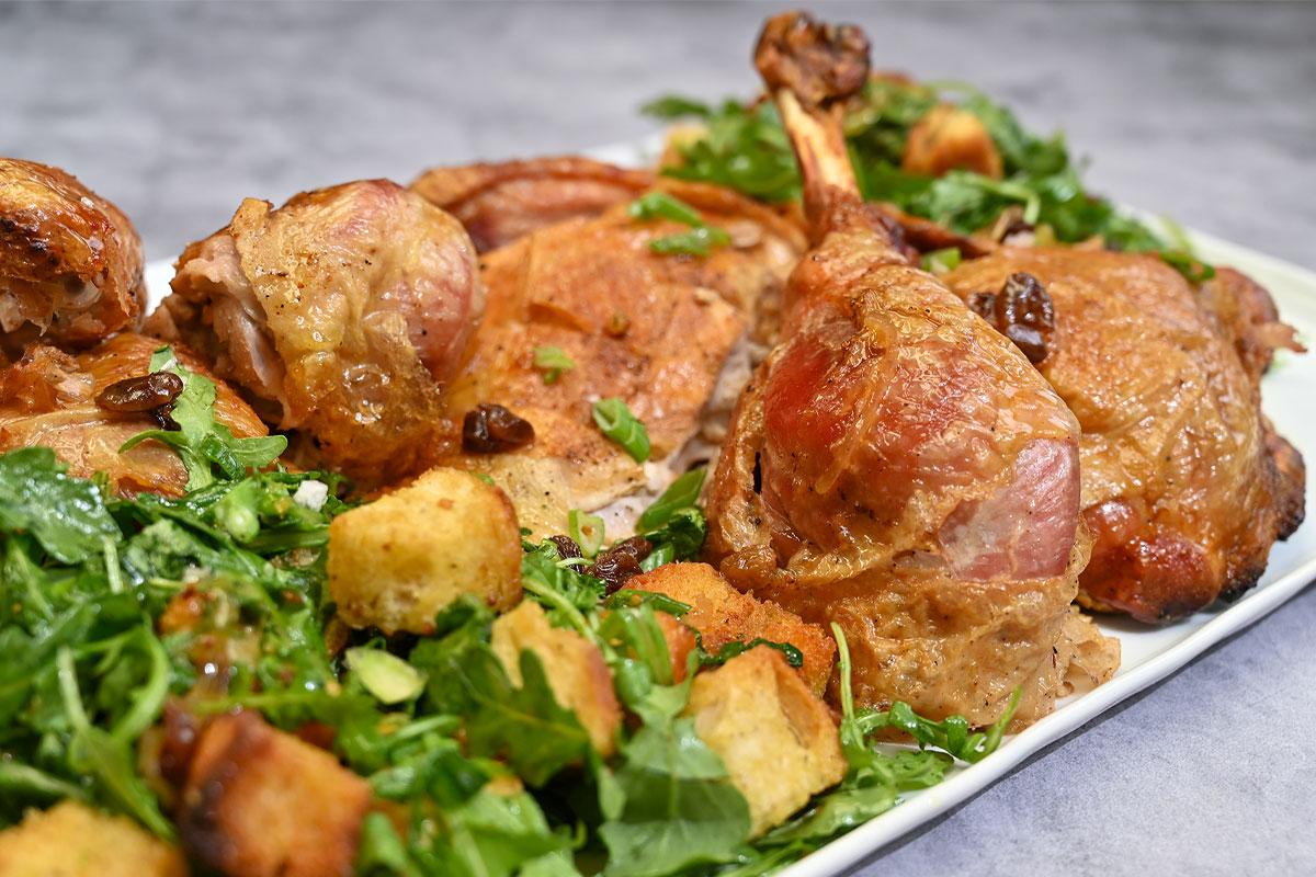 Image of Dry Brined Spatchcock Turkey with Arugula and Turkey Fat Croutons