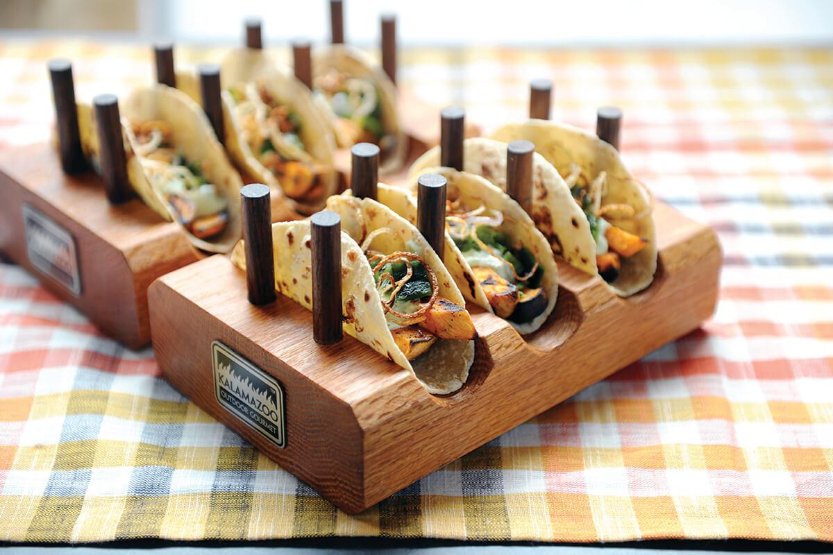 Image of Roasted Sweet Potato and Poblano Tacos with Crispy Shallots and Cilantro Yogurt Sauce