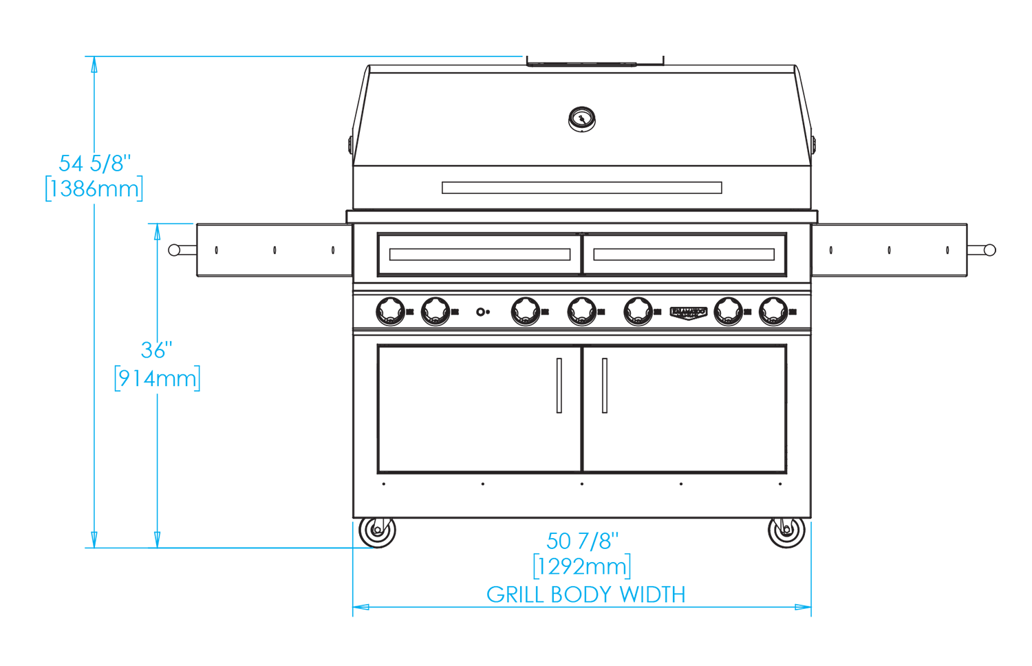 K1000HT Freestanding Hybrid Fire Grill Dimensions Image