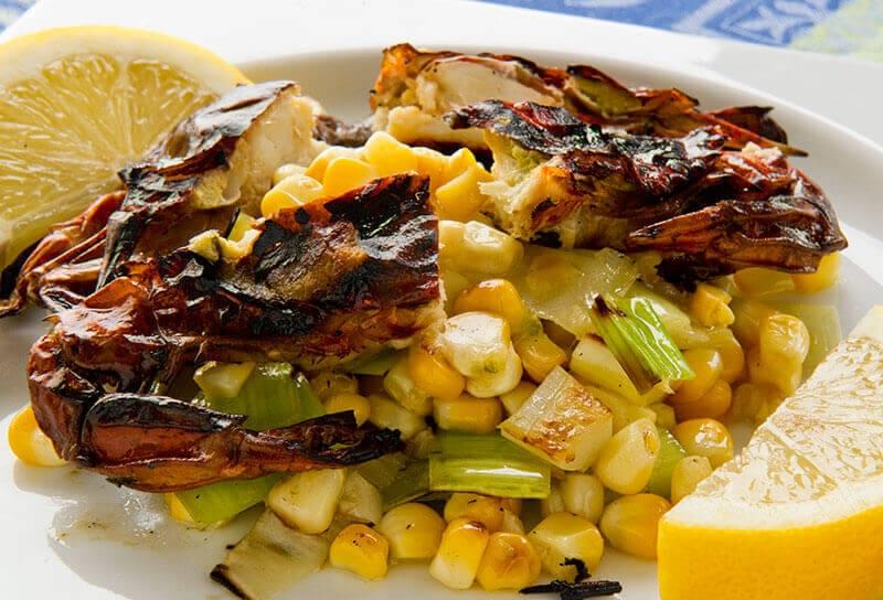 Image of Grilled Soft Shell Crabs with Corn and Leek Relish