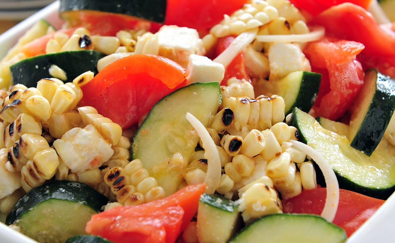 Tomato and Cucumber Summer Salad with Grilled Corn