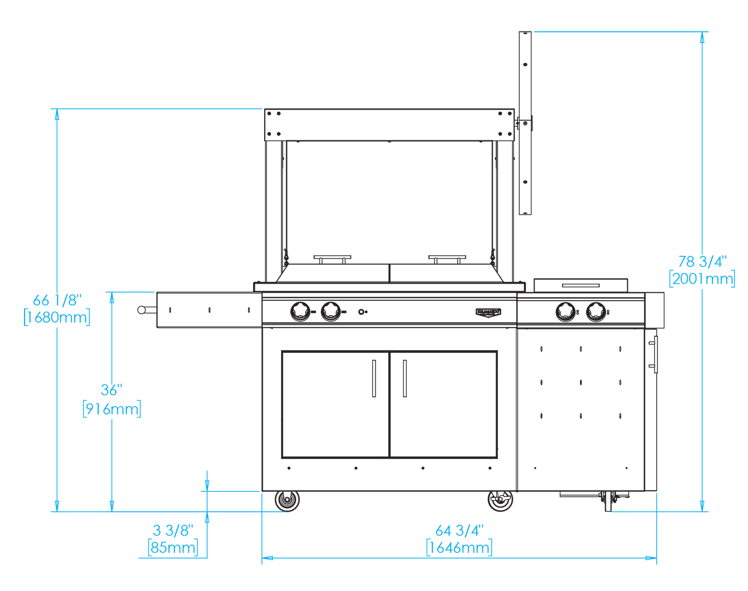 K750GS Freestanding Gaucho Grill with Side Burner Dimensions Image