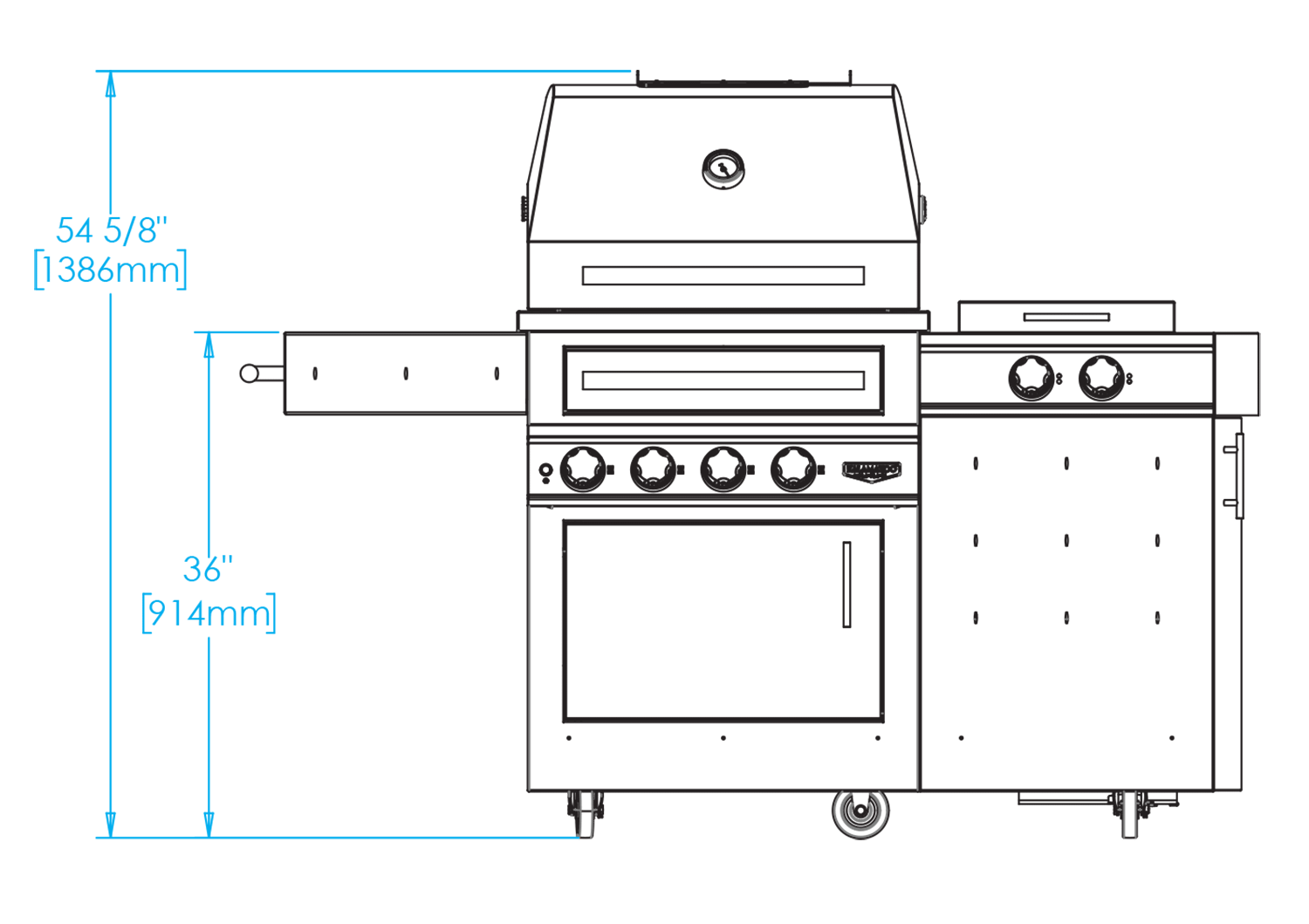 K500HS Freestanding Hybrid Fire Grill with Side Burner Dimensions Image