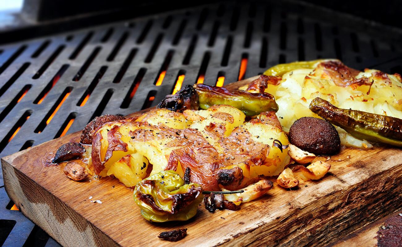 Plank Smashed Potatoes with Shishito Peppers