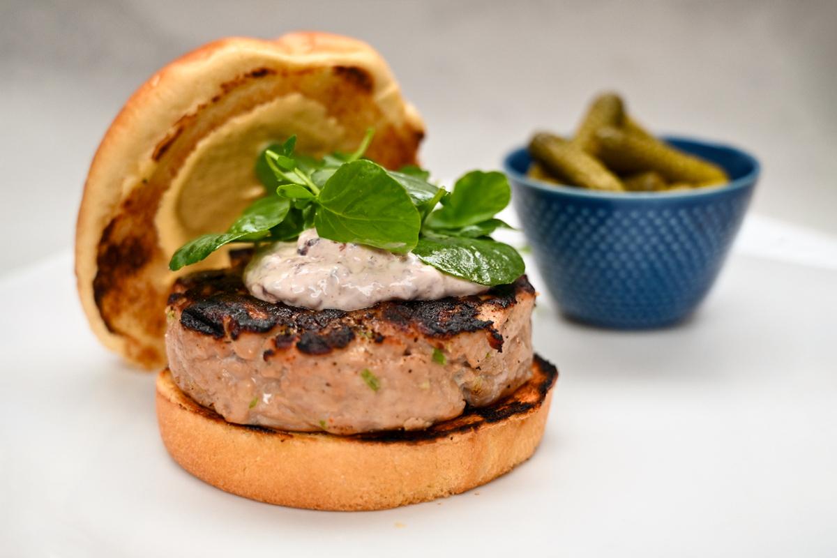 Image of Grilled Tuna Burgers with Tapenade Aioli & Watercress