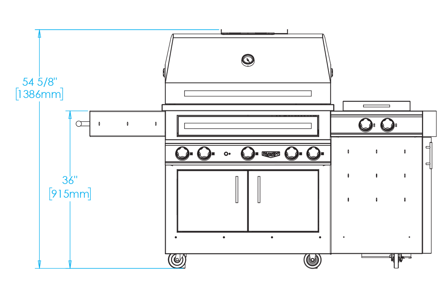 K750HS Freestanding Hybrid Fire Grill with Side Burner Dimensions Image