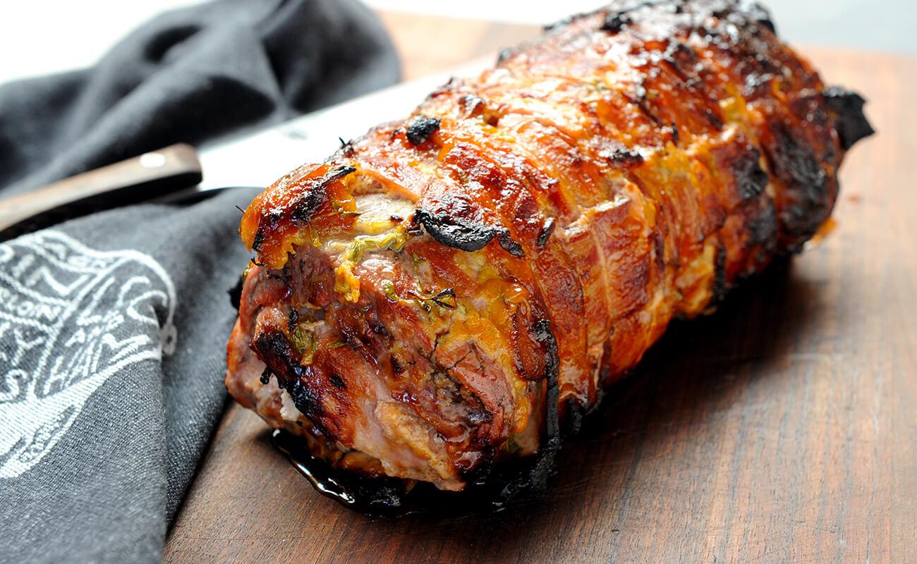 Image of Bacon-Wrapped Pork Loin with Apricot Mustard and Vermouth Sauce