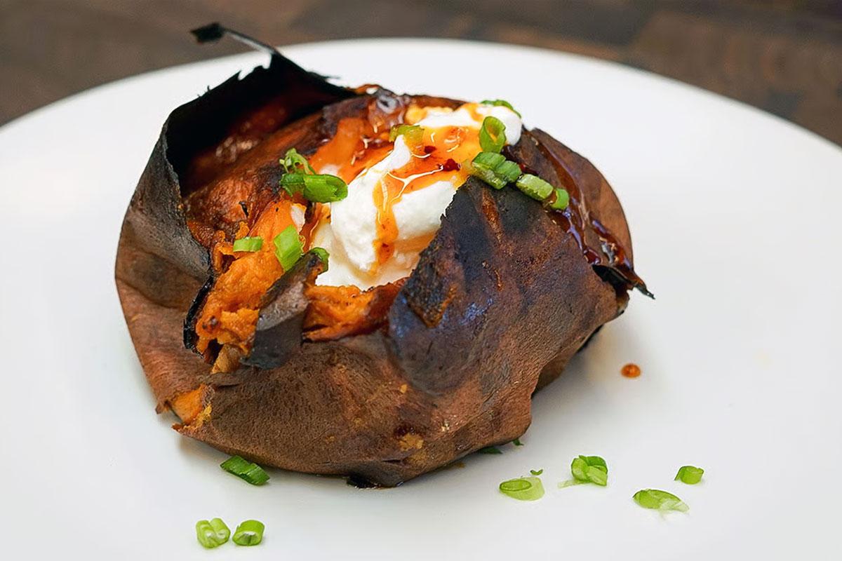 Image of Charred Grill Sweet Potatoes with Yogurt, Hot Honey and Scallion