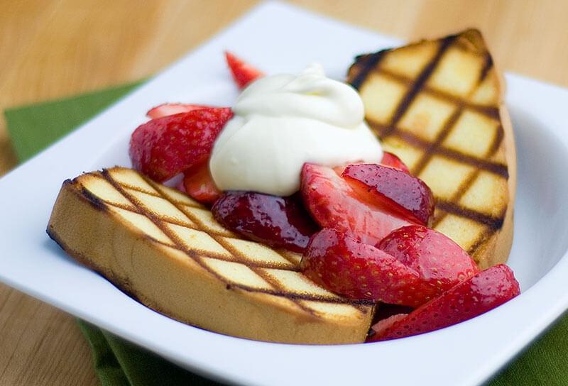 Image of Caramel Strawberries with Grilled Pound Cake and Crème Fraîche
