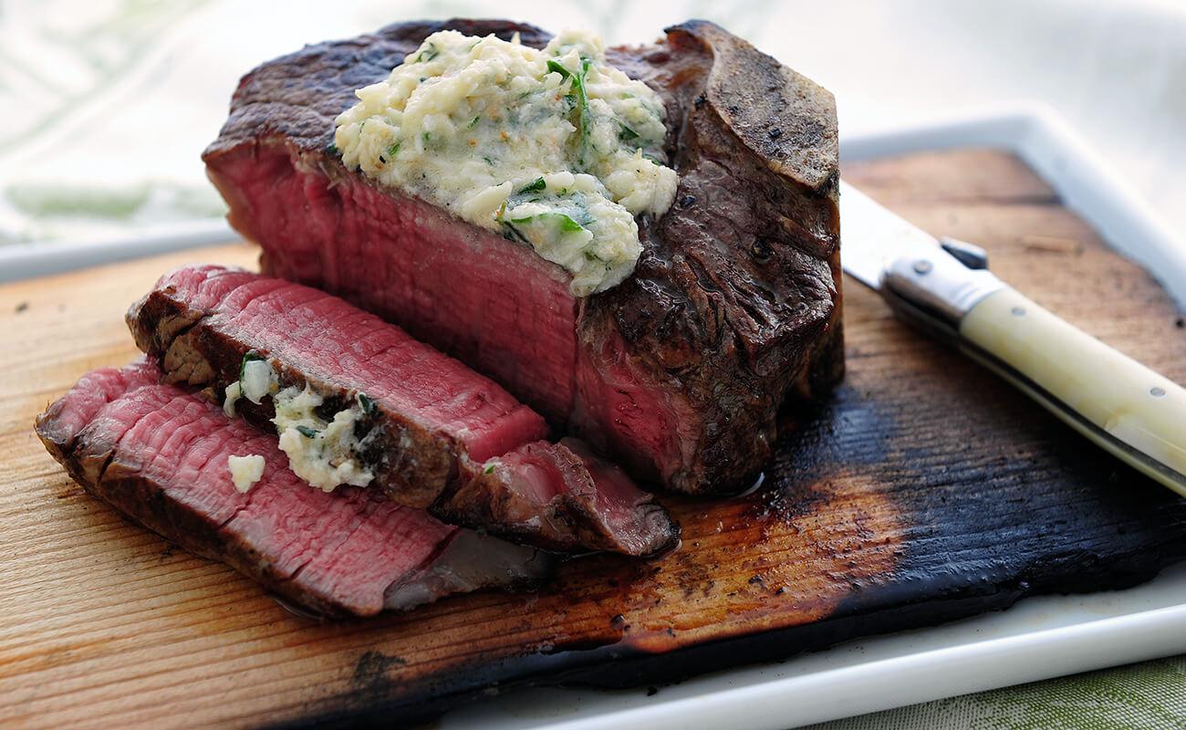 Cedar-Planked Bone-In Filets with Horseradish Crab Butter