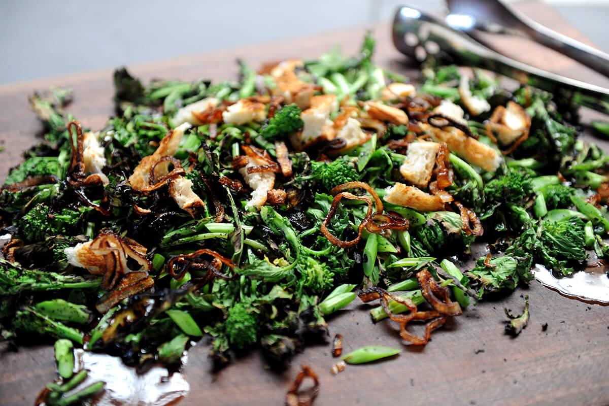 Grilled Rapini with Truffle Vinaigrette and Fried Shallots