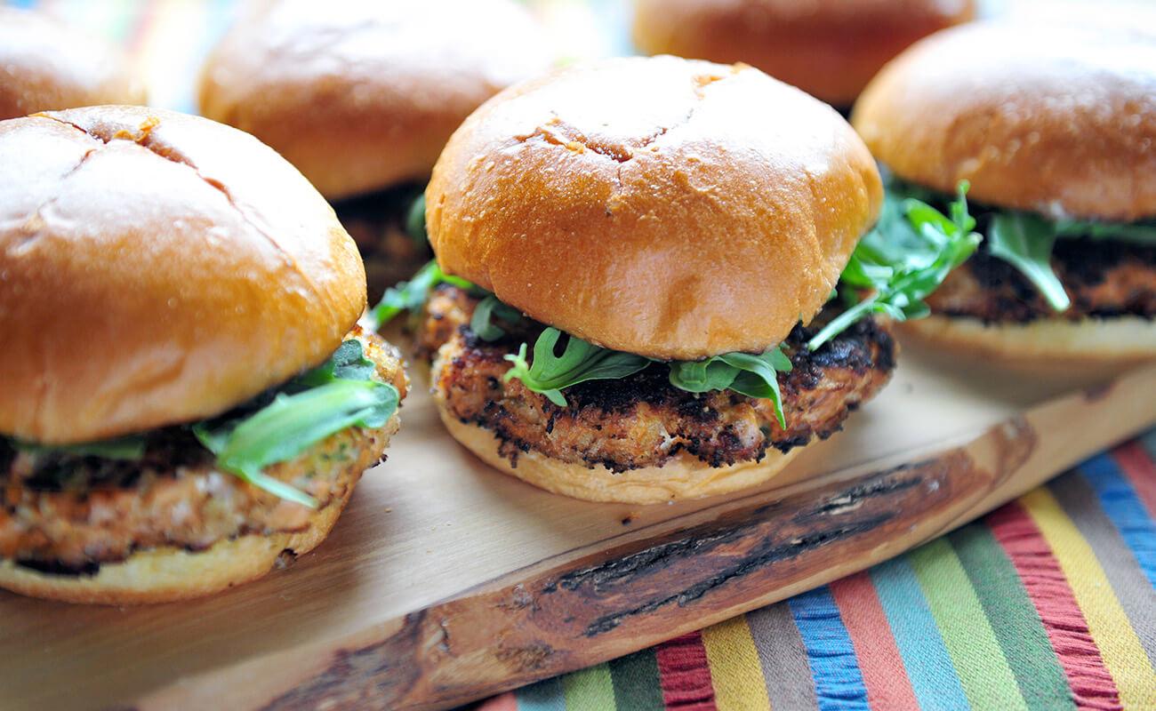 Image of Chipotle Salmon Burgers with Cilantro Lime Cream