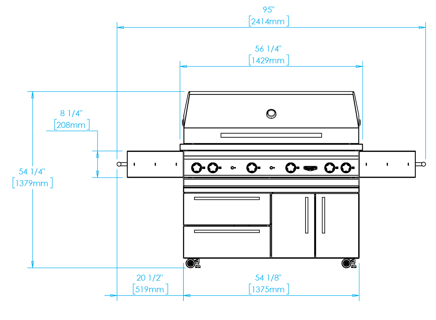 K54DT Freestanding Echo Gas Grill Dimensions Image